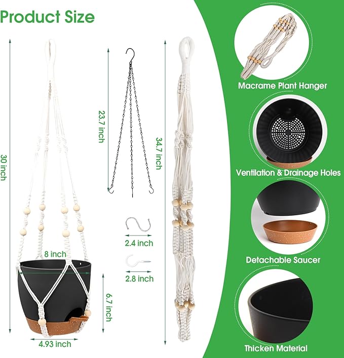 Hanging Planters for Indoor Outdoor Plants, 2 Pack Self Watering Hanging Pot with Drainage Holes, Removable Tray & 2 Kinds of Plant Hangers, 8'' Hanging Flower Pots for Home Garden Decor, Black