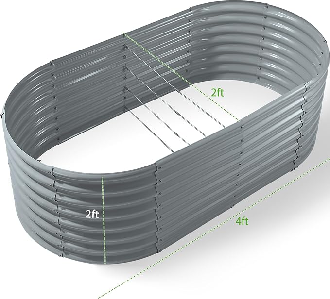 Land Guard 24“ Tall 4×2ft Galvanized Raised Garden Bed Kit, Galvanized Planter Garden Boxes Outdoor, Oval Large Metal Raised Garden Bed for Vegetables(Modern Gray, 4×2×2ft)