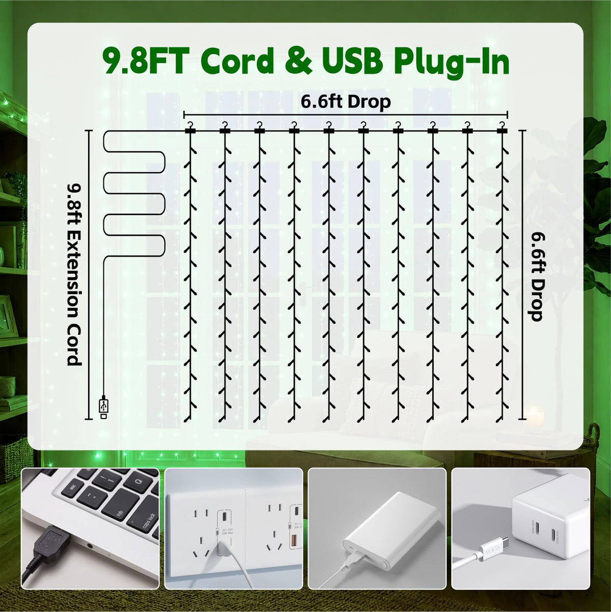 SINAMER Curtain String Light, 200LED 6.6x6.6ft, Remote & 8 Modes, USB