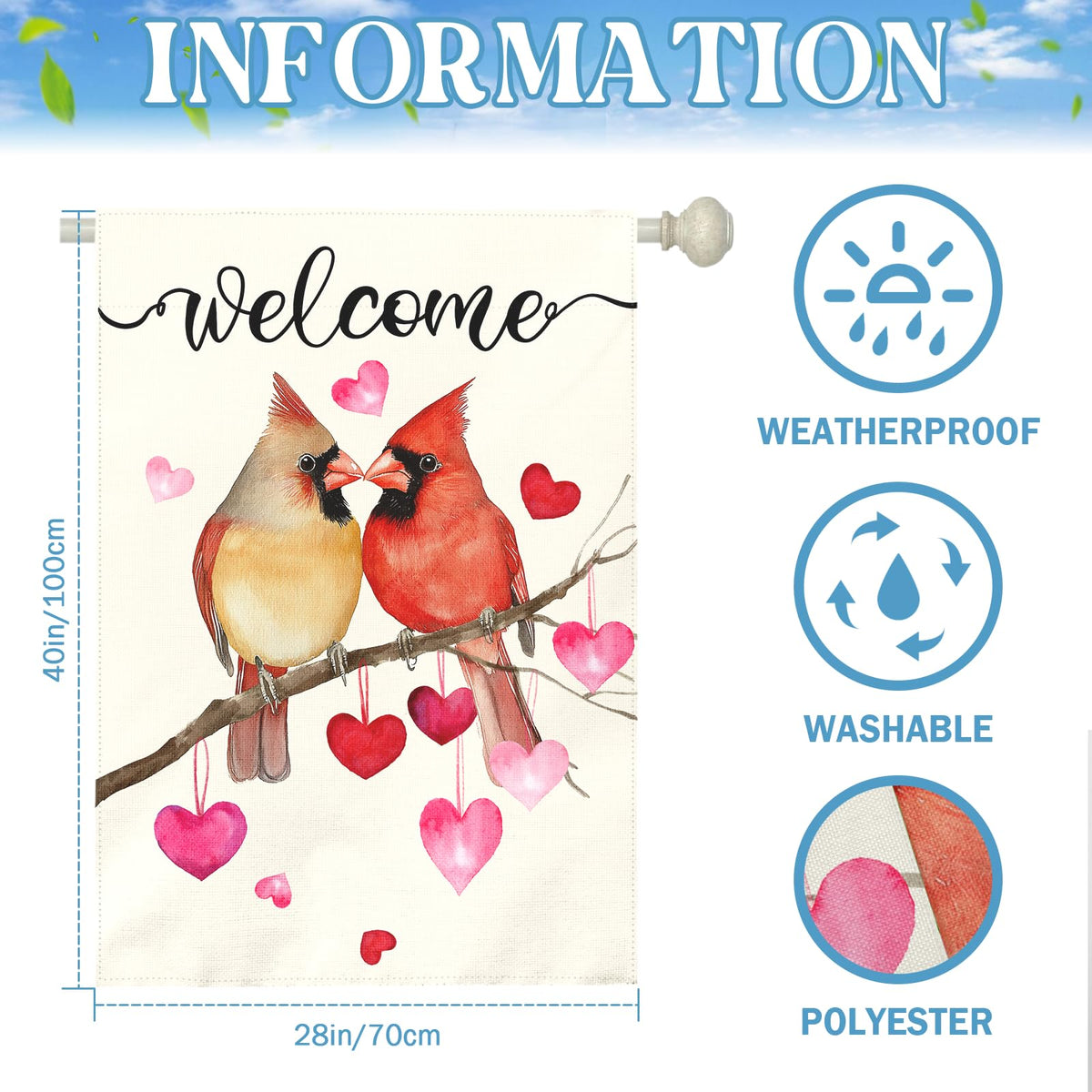 Dacawin Welcome Valentine's Day Garden Flag Cardinal Love Heart Vertical Double Sided House Banner Holiday Anniversary Wedding Red Birds Large Yard Flags Farmhouse Valentines Day Decor 28 x 40 Inch