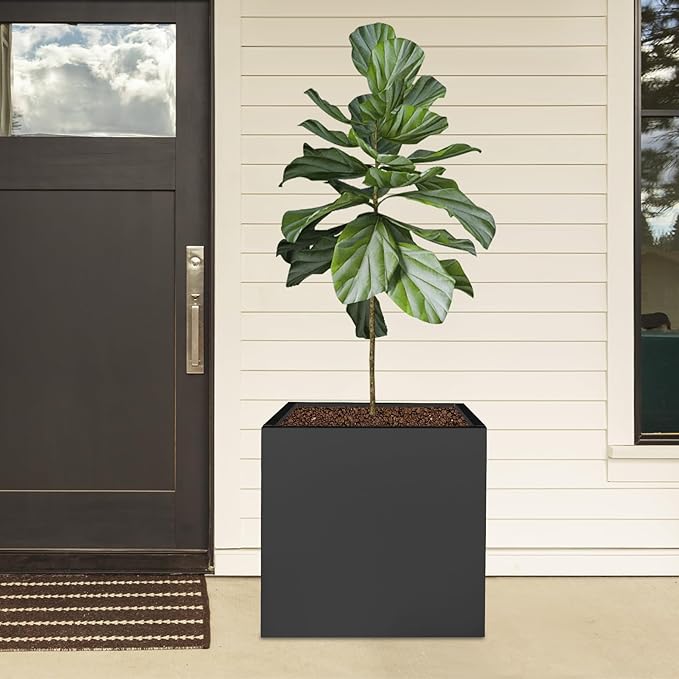 16~32inch Steel Planter Square Outdoor Planters Box Indoor Metal Large Planters Cube, Heavy Duty Flower Pot Modern for Commercial Residential Home Garden Porch Hotel Patio (Black, 20×20×20in)