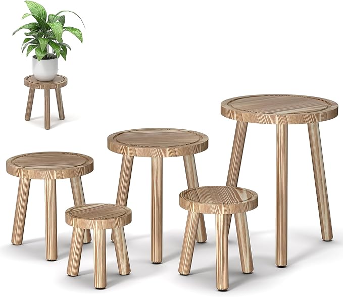 Vecxoty 5-Pack Wood Plant Stands Indoor, Single Plant Stand for 6-12 Inch Pots, Mid-Century Modern Plant Stool, Tall Plant Stand for Large Plants for Living Room, Balcony, Office (Light Brown)