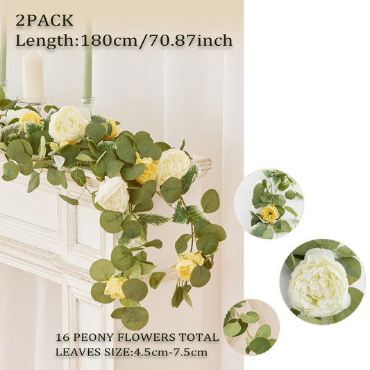 MISSPIN 2pcs Artificial Flowers Garland Spring Eucalyptus Garland Vintage Fake Flower Peony Rose Vine Greenery Decorative Wall Hanging Plant for Wedding Arch Door Arrangement Party Decor