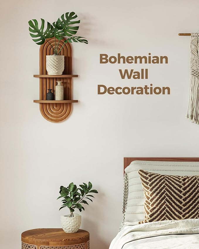 Bamworld Boho Wall Decor Brown Plant Wall Shelf, Mid Century Modern Decor Hanging Plant Shelf, 2-Tier Wooden Floating Shelves for Home, Bathroom Bedroom Living Room, Office Holding Planter Decoration