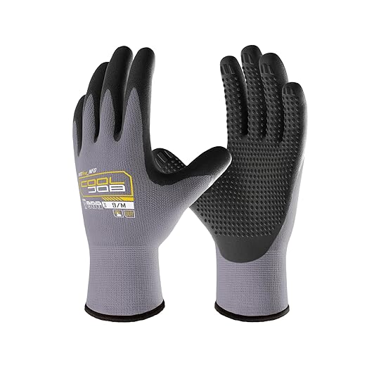 COOLJOB 3/6/12 Pairs Nitrile Rubber Coated Nylon Safety Work Gloves, Dotted for Non-Slip Grip, Breathable Soft Seamless Knit Nitrile Dipped Gloves for Warehouse, Home Improvement, Yard, Grey Large