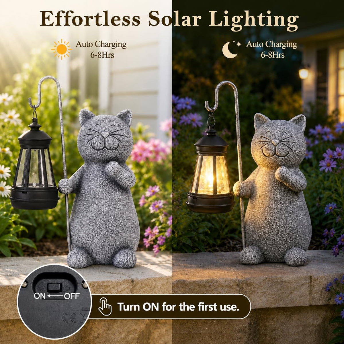 Qeeman Solar Cat Garden Statue with Lantern: Outdoor Decor