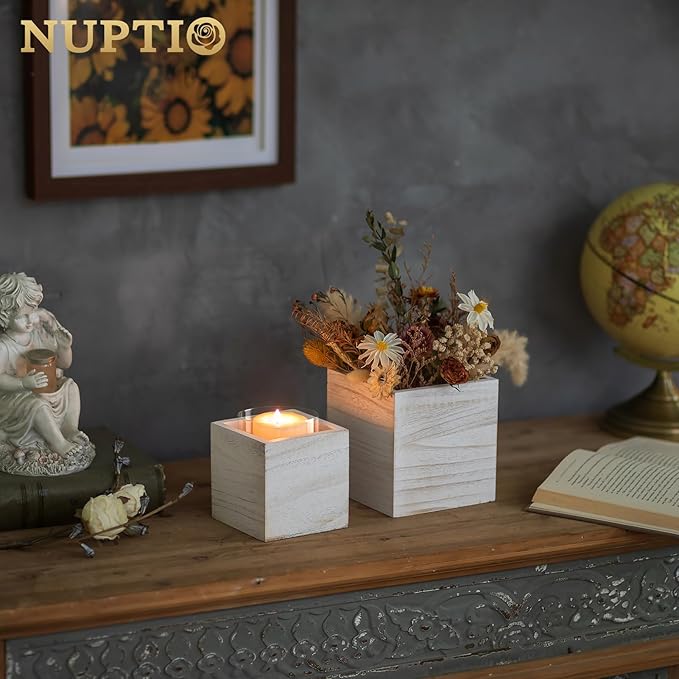 NUPTIO Wooden Box for Centerpiece Wedding: 12 Pcs Rustic Square Planter Box Farmhouse Table Fall Decor - 4×4" & 5×5" Whitewashed Small Wood Vases Flower Pots for Windowsill Home Garden