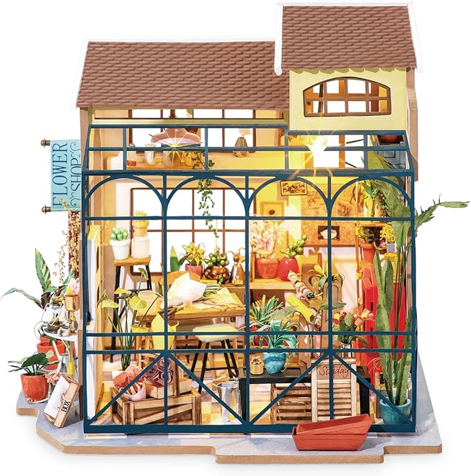 Rolife DIY Miniature House Kit Flower Shop, Tiny House Kit for Adults to Build, Mini House Making Kit with Furniture, Halloween/Christmas Decorations/Gifts for Family and Friends(Emily's Flower Shop)