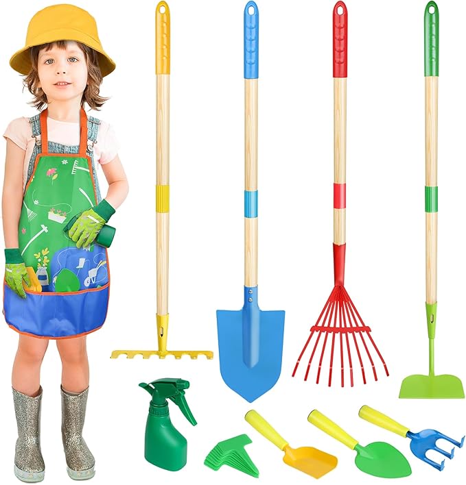 Magic4U Kids Gardening Tools Set, 22 Pcs Metal Garden Tools Toys with Apron, Gloves, Wood Handle Shovel, Rake, Hoe and Leaf Rake, Outdoor Digging Toys Gifts for Kids Age 3+