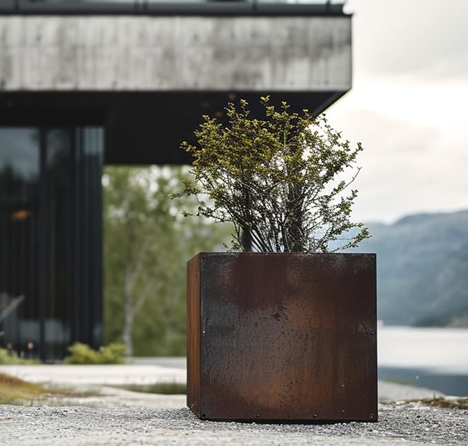 DIY CARTEL Corten Steel Cube Outdoor Planter Box, Rustic & Modern Farmhouse Design, Large Raised Metal Garden Bed for Commercial & Residential Use