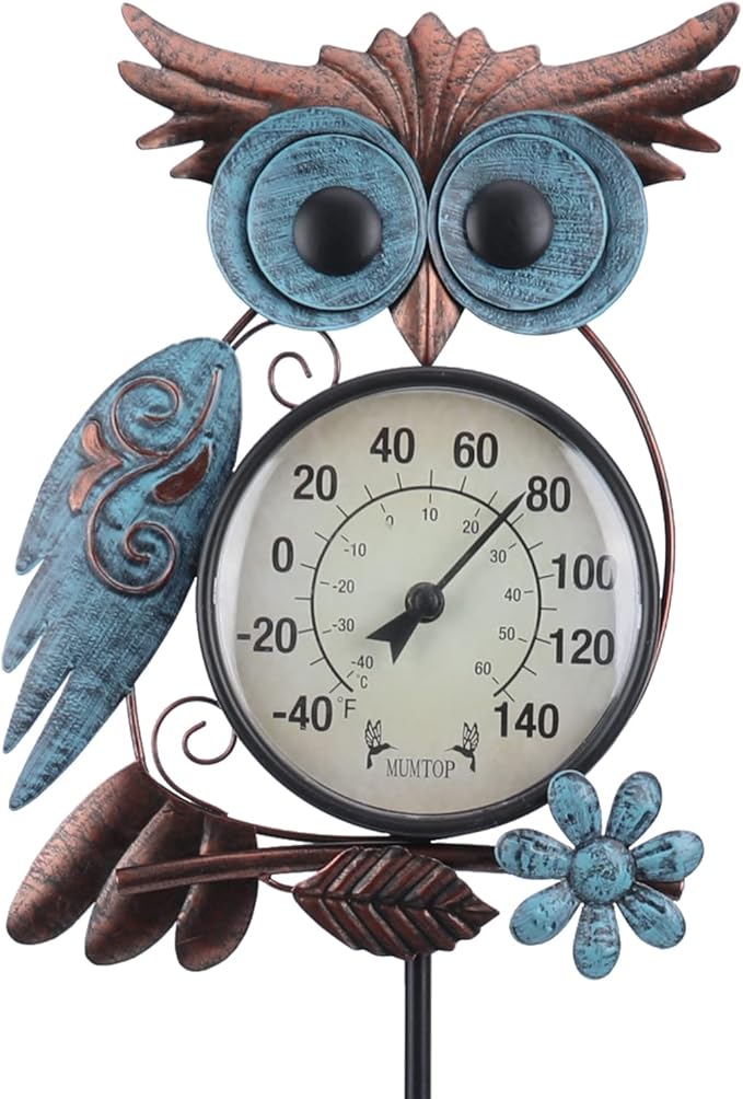 MUMTOP Outdoor Thermometer, 42 Inch Metal Owl Garden Stake Outside Wall Thermometer for Patio, Yard and Garden