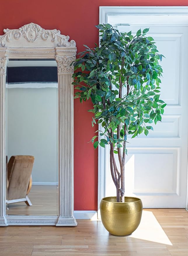 Serene Spaces Living Large Brass-Look Aluminum Cachepot – 15.5" Diameter, 13" Tall Handcrafted Vintage Planter for Indoor Plants, Flowers, Weddings, Centerpieces – No Drainage