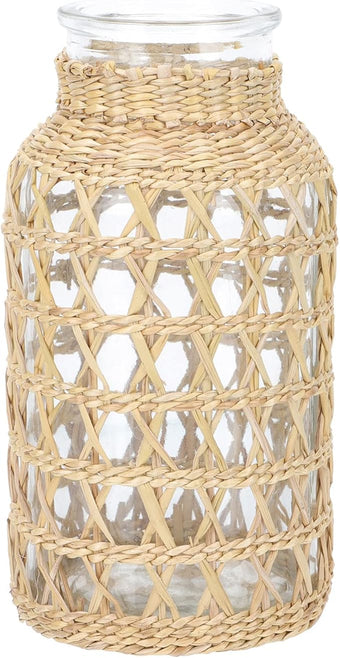 Cabilock Small Clear Flower Vase with Rattan Woven Cover Flower Bud Container for Farmhouse Floral Arrangements Housewarming Party Decorations (3.2x3.2x6.2 inch)
