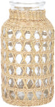 Cabilock Small Clear Flower Vase with Rattan Woven Cover Flower Bud Container for Farmhouse Floral Arrangements Housewarming Party Decorations (3.2x3.2x6.2 inch)