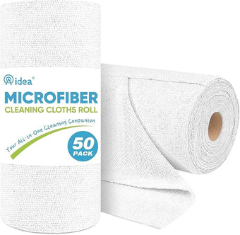 AIDEA Microfiber Cleaning Cloth Roll, White 50PK, Tear Away Reusable Paper Towels, Commercial Shop Rags, Microfiber Towels for Cars, Lint Free Rags for House, Kitchen, Automotive, 11.5"×11.5"