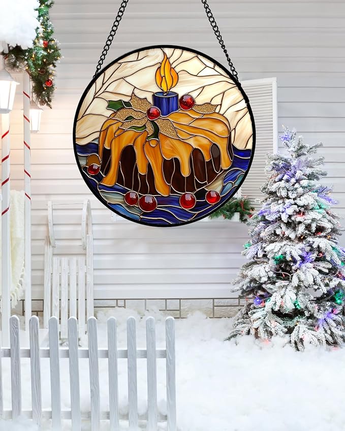 Stained Glass Window Hanging - Blue Candle Cake Suncatcher for Doors Home Christmas Decoration Winter Sun Catcher Thanksgiving New Year Birthday Gifts for Women Men Mom Nana Girl 9.8 in