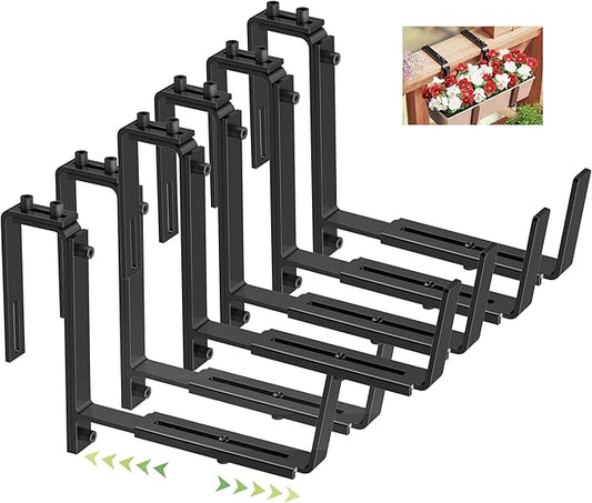 Y&M 6 PCS Adjustable Window Box Brackets for Planter Box, Heavy Duty Wall Mounted Hooks Hangers for Flower Baskets Holder Durable, Hanging Brackets for Fence Patio Garden Balcony