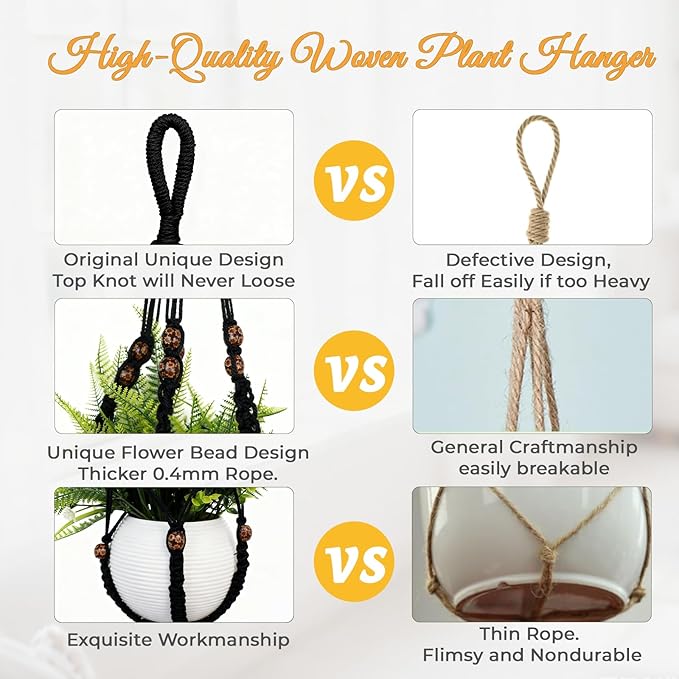 HOREAKHJ 35 Inch Macrame Plant Hanger, Large for up to 15 Inch Pot Extra Long Hanging Planter Holder Basket with Wood Beads for Indoor Outdoor Home Decor (Black, 1-Pack)