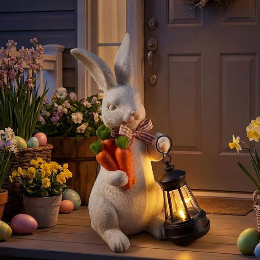 Retisee Solar Easter Garden Statue Resin Garden Bunny Statue with Carrots LED Lights Outdoor Bunny Solar Light Figurine Decoration for Yard Patio Lawn Gift for Easter Spring Holiday Outdoor Decor