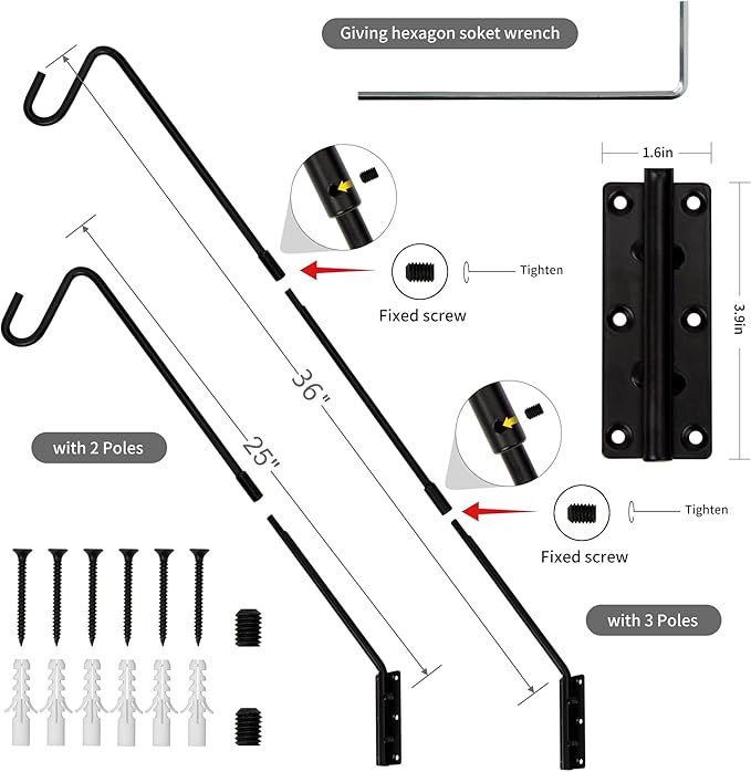 Juegoal Heavy Duty Deck Hook, 25 Inch or 36 Inch Wall Mounted Extended Reach Deck Hook Wall Pole Plant Bracket for Hanging Bird Feeder, Plants, Suet Baskets, Lanterns, Wind Chimes