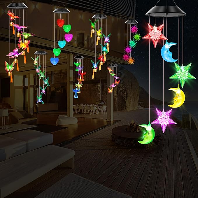 Solar Wind Chimes Outdoor Color Changing Lights, Gift for Women Mom Grandma Sister Best Gifts, Wind Chimes Unique Outdoor Garden Yard Decor (Star and Moon)