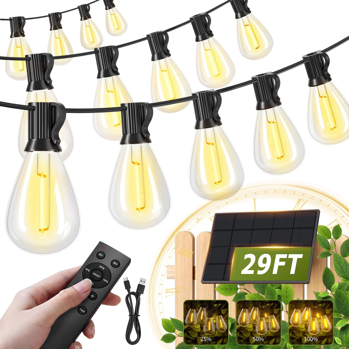 Amzrap 30FT Solar String Lights Waterproof, 10+1 LED Shatterproof Bulbs Solar Powered with Remote & USB Port, 3 Modes Dimmable Outdoor Lights for Patio, Garden, Camping