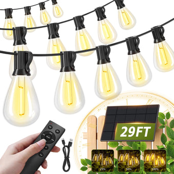 Amzrap 30FT Solar String Lights Waterproof, 10+1 LED Shatterproof Bulbs Solar Powered with Remote & USB Port, 3 Modes Dimmable Outdoor Lights for Patio, Garden, Camping