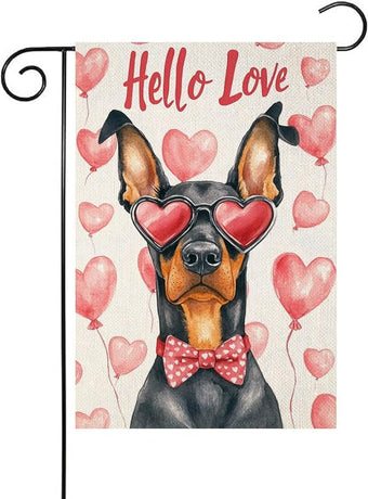 Valentine's Day Doberman Hello Love Garden Flag, House Yard Plaid Love Heart Outside Decoration, Spring Holiday Wedding Anniversary Outdoor Small Decor 12x18(12647)
