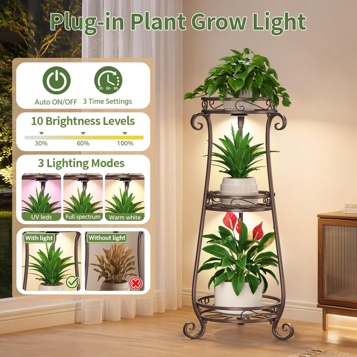 LASZOLA 3 Tiers Metal Corner Plant Stand Tall with Light for Indoor Outdoor