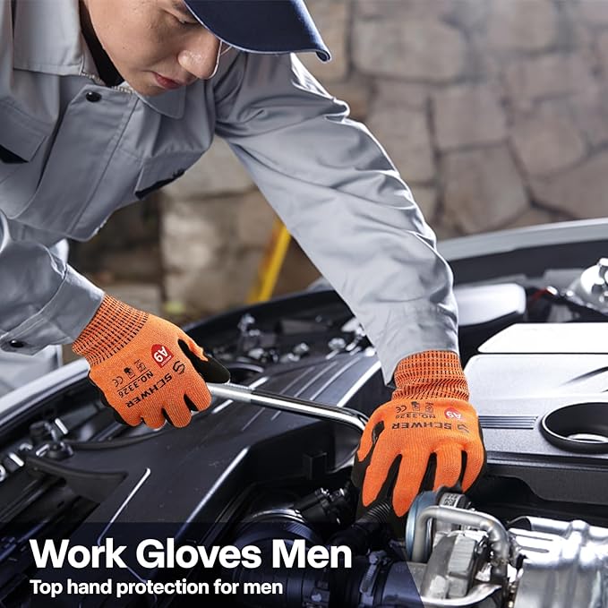 Schwer ProGuard Highest Level Cut Resistant Work Gloves PR3326 for Extreme Protection，ANSI A9 Cut Gloves with Reinforced Thumb, Non Slip, Breathable, Durable, Touch-screen, Non PFAS, Orange 1 Pair（L）