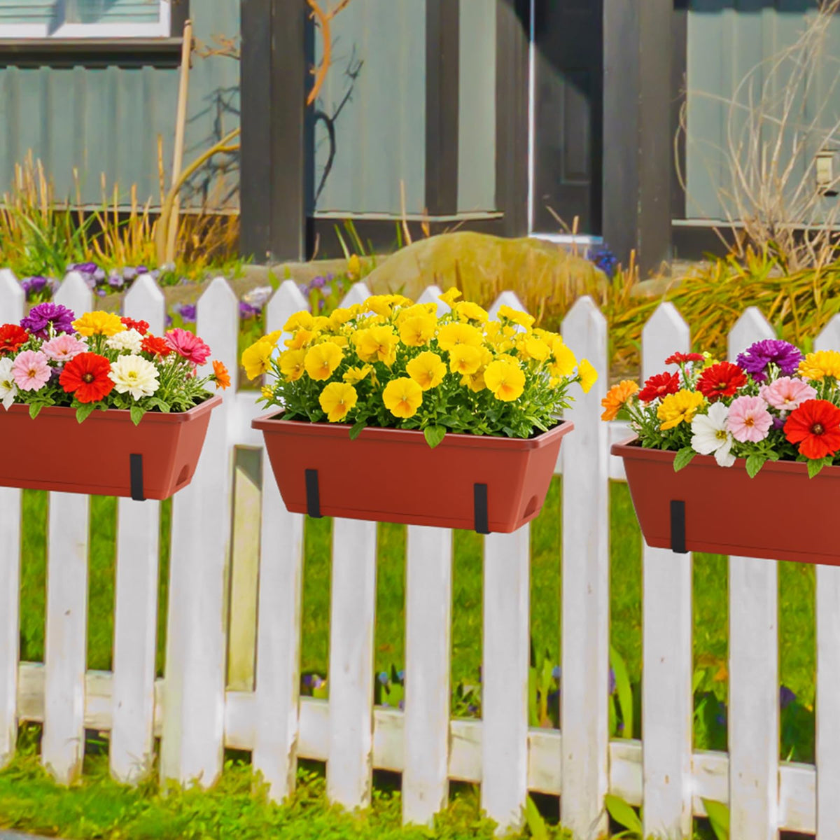 CADUKE Railing Planter Box, Deck Railing Flower Boxes 16.9 Inches Red