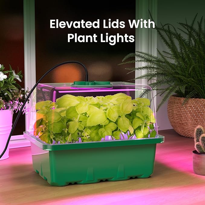 MIXC Seed Starter Kit with Grow Light, Elevated Seedling Tray Kit with Adjustable Humidity Dome and Clear Cell Tray, 12 Full Spectrum Led Beads for Seed Starting Greenhouse, 6 Pack, Green