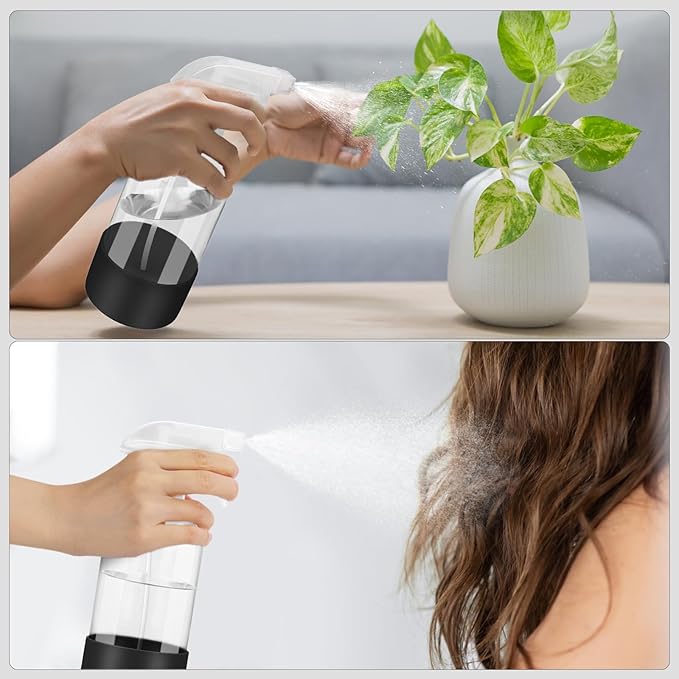 2 Pack Glass Spray Bottles with Silicone Sleeve, 16 oz Empty Refillable Containers with Adjustable Spray Nozzles, Spray Bottles for Hair, Cleaning Solutions and Plants Black