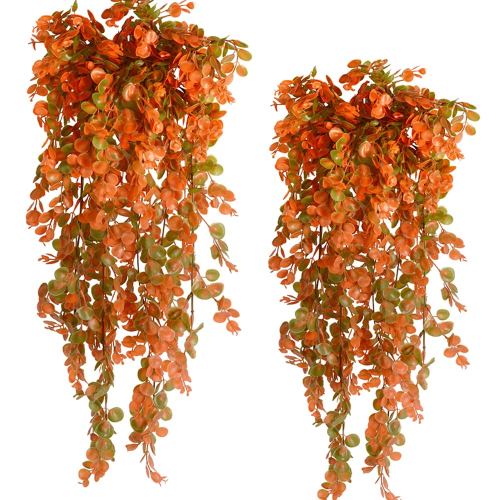 Antspirit 2pcs Artificial Hanging Fall Plants Fake Hanging Plant Faux Eucalyptus Leaf Greenery Vine Outdoor UV Resistant Plastic Plants (2, Fall Orange)