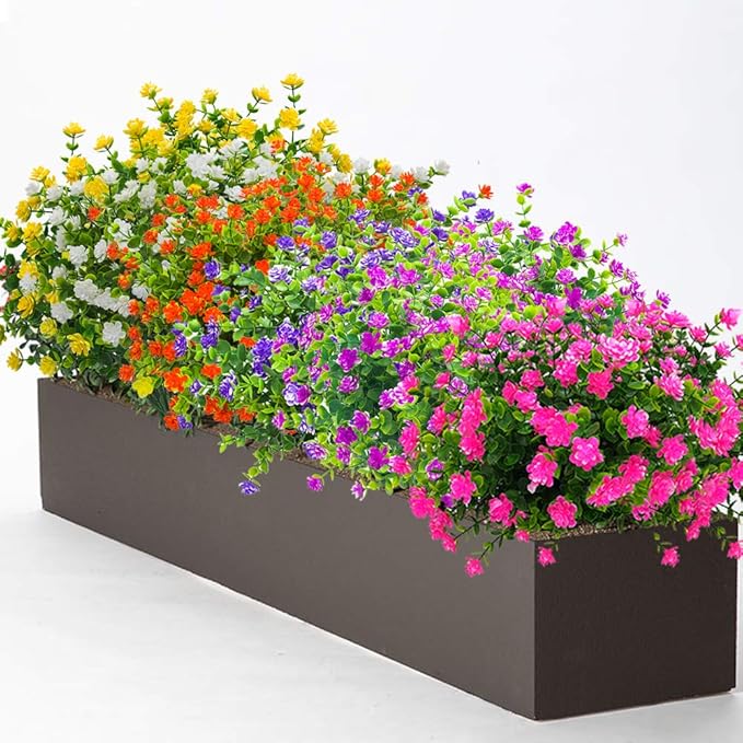 Grunyia 10 Bundles Artificial Fake Flowers, Faux Outdoor Plastic Plants UV Resistant Shrubs Outside Indoor Decorations (Pink-Eucalyptus)