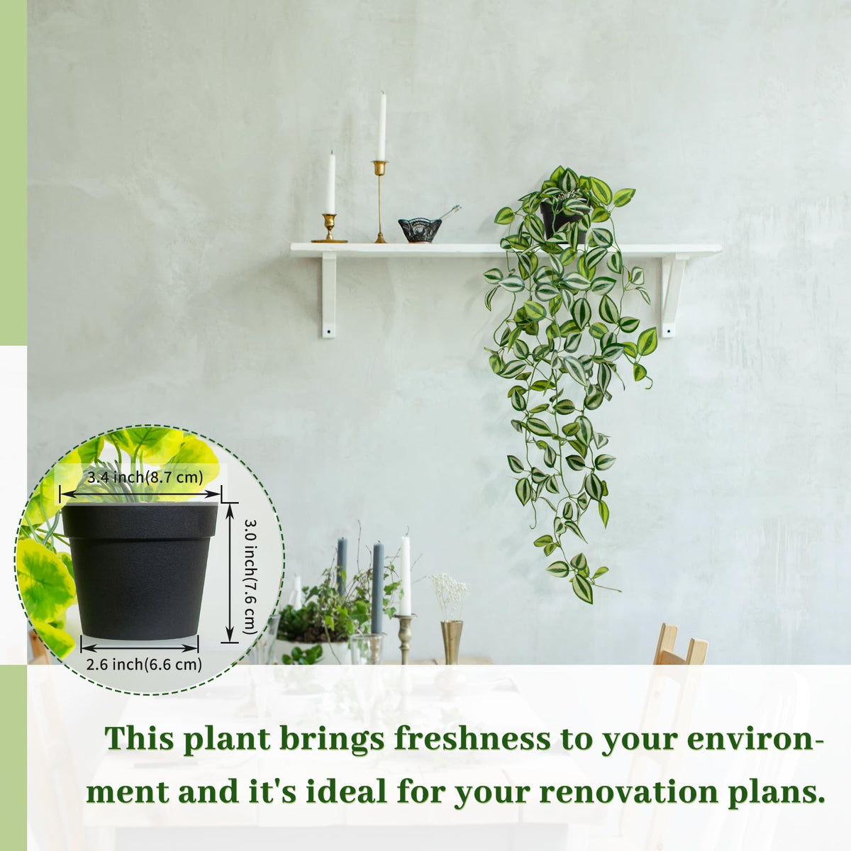 LUZOGA Artificial Plants Indoor Small Potted Hanging Vine plnat 39-in Long Fake Green Eyebrow Leaf Plant Faux Trailing Plant for Home Office Livingroom Desk Shelf Mantle Decoration (Black Pot)