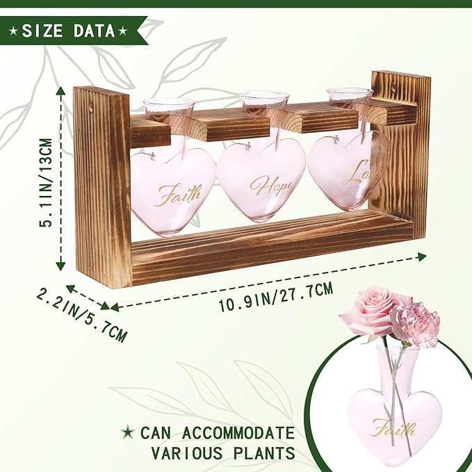 Plant Terrarium Propagation Stations Faith Hope Love Hydroponics Home Garden Decoration Gift for Women with Wooden Stand Heart Shaped Colored Glass Vase