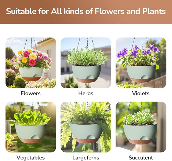 LESOASIS 12 Inch Hanging Baskets for Plants Outdoor, Hanging Planters for Indoor Outdoor Plants, Hanging Planter with Self Watering, Hanging Flower Pots (Green)