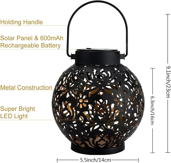 EXCMARK 2 Pack Outdoor Solar Hanging Lantern Lights Metal LED Decorative Lamp for Garden Patio Courtyard Lawn and Table with Hollowed-Out Design (Black)