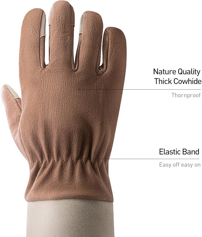HANDLANDY Long Gardening Gloves for Men & Women, Thorn Proof Rose Pruning Gloves Leather Gauntlets Garden Glove Yard Work Glove (Small, Brown)