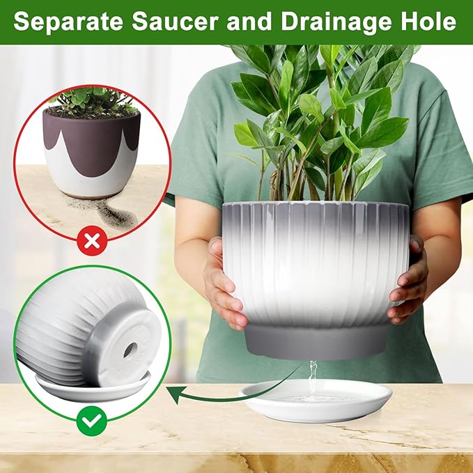 8 Inch Plant Pot, Ceramic Planter with Drainage and Saucer, Ceramic Pots for Plants, Indoor Plant pots,Ceramic Flower pots(Gray + White, Plants NOT Included)