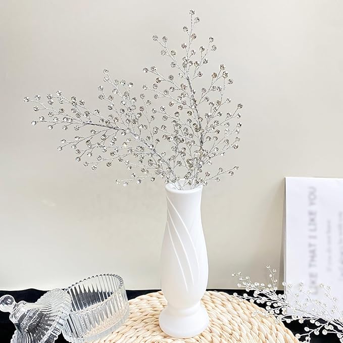 White Crystal Picks Sparkling Glitter Berry Stem Ornaments Festive Christmas Tree Crystal Decorations Vase Fillers Holiday & Wedding Party Decor(K112-silver,1pcs)