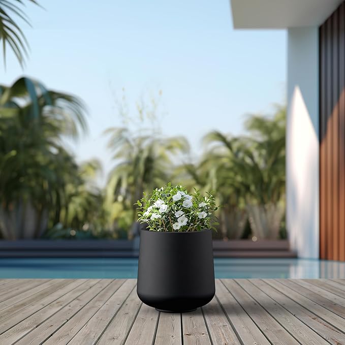 Kante 11.6" Dia Round Concrete Planter, Outdoor Indoor Large Plant Pots Containers with Drainage Hole and Rubber Plug for Home Garden Patio, Black
