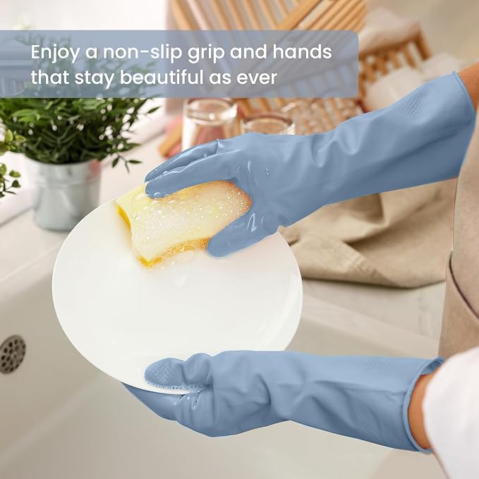 Rubber Cleaning Gloves for Dishwashing, 4 Pairs Reusable Kitchen Gloves for Washing Dishes and Household Cleaning, Blue Dish Gloves with Flocked Lining and Non-Slip Grip, Pefect for Woman Men - L