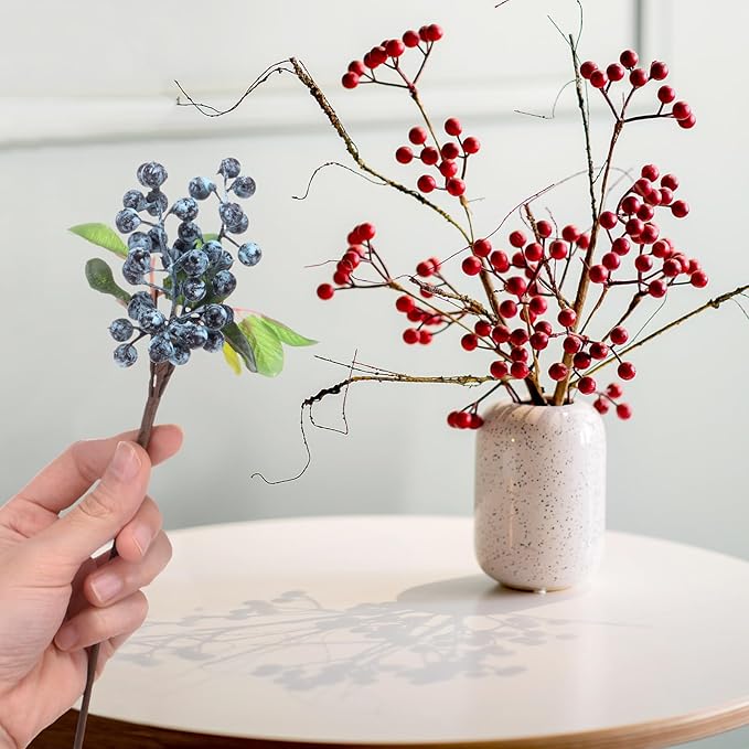 6-Pack Artificial Berry, 9.8 Inch Faux Holly Berry Foam Faux Frosted Berries with Stems for Home/Wedding/Christmas/DIY/Party/Garden/Office [Blueberry]