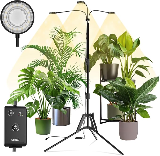 SANSI Grow Lights for Indoor Plants, Dimmable 30W Plant Lights for Indoor Growing, 3 Head 35"-65" Adjustable Tripod Stand Plant Grow Light Indoor Auto On/Off Timer Led Grow Lights for Indoor Plants