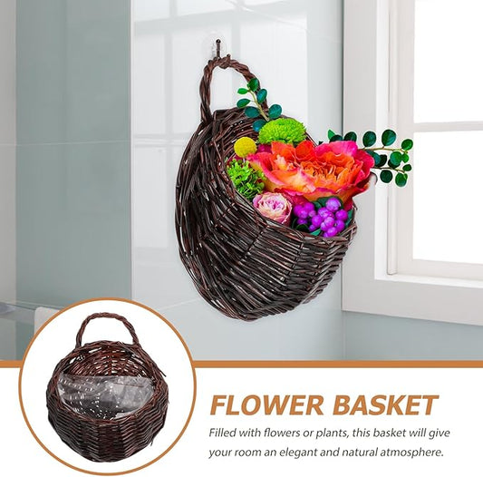 DOITOOL 2Pcs Dark Brown Rattan Wicker Hanging Baskets for Wall 9.05X7.08X3.54 Inch Indoor Outdoor Planters for Flowers and Greenery Home Garden Decor