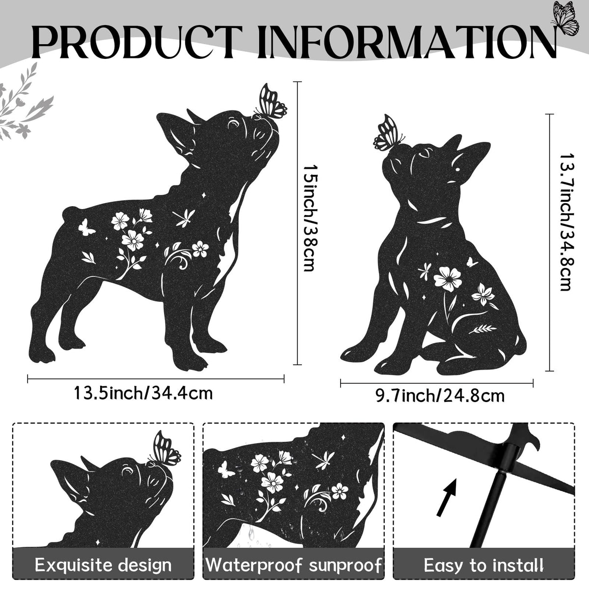 LIRAVENO French Bulldog Garden Decor - 2 Pcs Metal Animal Statue Set