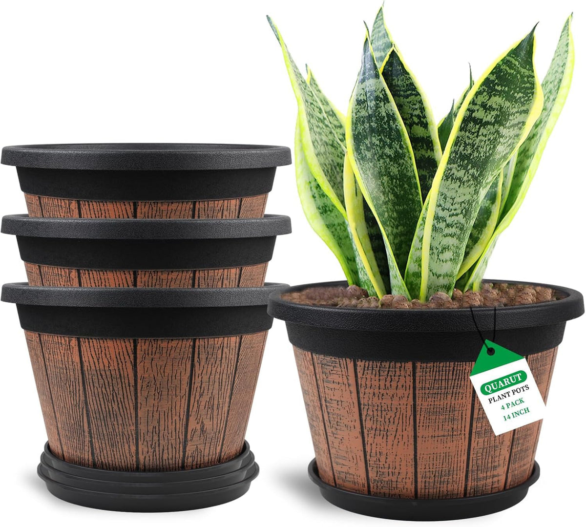 4 Pack 14 inch Plant Pots,Whiskey Barrel Planters with Drainage Holes