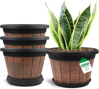 4 Pack 14 inch Plant Pots,Whiskey Barrel Planters with Drainage Holes